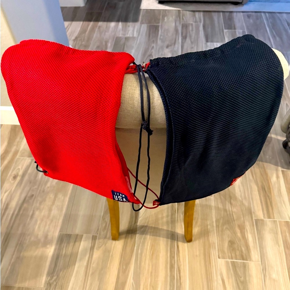 Olympics Team USA red and blue drawstring backpacks.